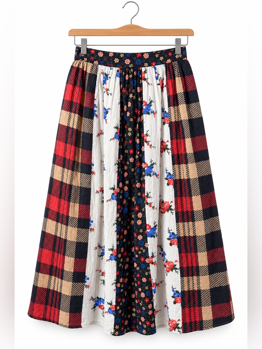 LetMeBe Maxi Skirt Medium Floral Plaid Mixed Print Patchwork Boho Prairie